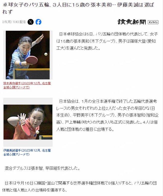 伊藤美诚无缘巴黎奥运会 张本智和兄妹将携手出征图1